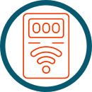 Icon eines Intelligentes Messsystem (iMSys), stilisiert in Orange auf weißem Grund mit hellblauem Umrandungskreis