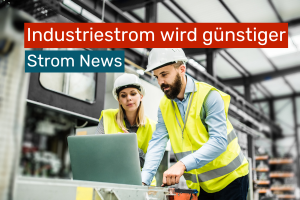 Zwei Menschen in Sicherheitskleidung stehen vor einem Laptop. Sie befinden sich in einer Arbeitshalle.