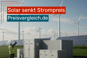 Solaranlage, Windräder und Batteriespeicher auf einem Energiefeld, darüber ein rot-blaues Textfeld mit der Aufschrift ‚Solarenergie senkt Strompreis – Strom News‘.