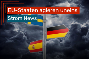 EU-Energiekrise: Wegweiser mit Flaggen von Schweden, Deutschland und Spanien vor dunklem Sturmhimmel.