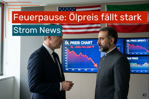 KI-Bild: Zwei Politiker verhandeln, im Hintergrund sind Monitore mit fallenden Gaspreisen sowie Flaggen zu sehen.