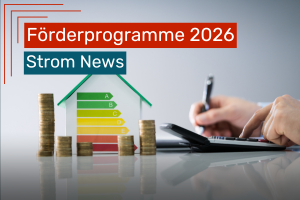 Symbolisches Haus mit farbiger Energieeffizienzskala und Münzstapeln vor einer Person, die mit Taschenrechner Energiekosten berechnet.