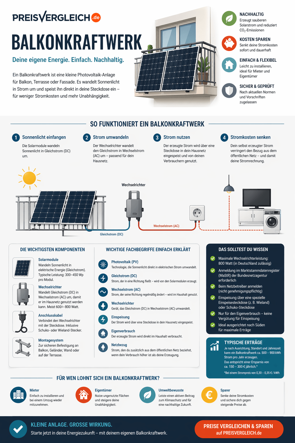 Infografik von PREISVERGLEICH.de zum Thema Balkonkraftwerk. Sie erklärt, wie Solarmodule Sonnenlicht in Strom umwandeln, dieser über einen Wechselrichter nutzbar gemacht und im Haushalt verbraucht wird. Zusätzlich zeigt die Grafik zentrale Vorteile wie Nachhaltigkeit, Kostensparen, flexible Installation sowie Sicherheit, typische Komponenten, wichtige Fachbegriffe, Hinweise zur Anmeldung und Beispielerträge.