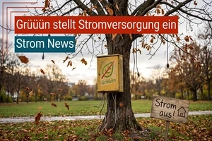 Grüüün stellt die Stromversorgung ein: Schild mit Grüüün-Logo an einem Baum im Park.