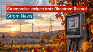 Herbstliche Energielandschaft mit Windrädern, Solaranlagen und Stromleitungen. Im Vordergrund zeigt ein Stromzähler steigende Kosten. Darüber steht „Strompreise steigen trotz Ökostrom-Rekord“ mit dem Zusatz „Strom News“.